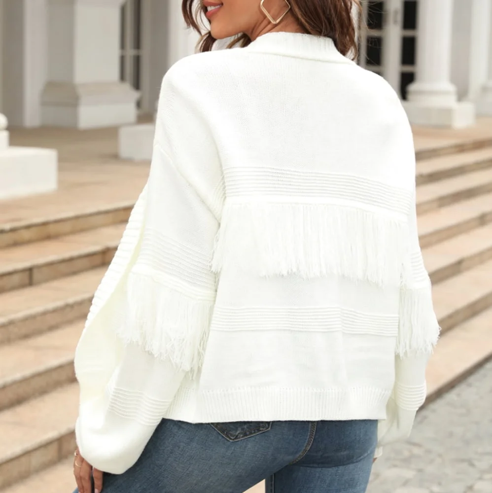 Fringe Trim Open Front Cardigan - White